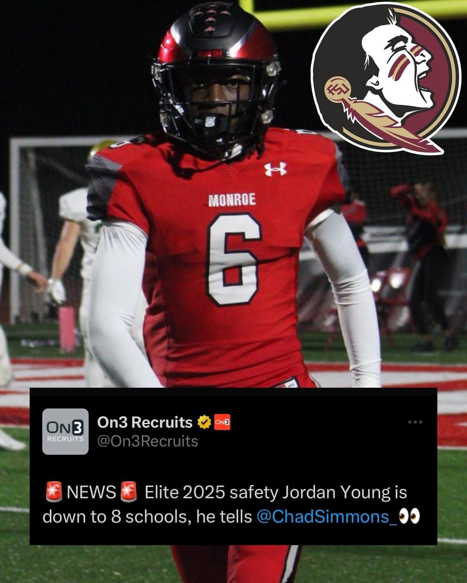 ICYMI: 2025 Top-50 4🌟 Safety @Jordan_Young06 Has Included #FSU In His Top 8 Schools List.🔥🍢 The 6’0 175lbs Monroe, NC Native Has Has Cut His List Down #FSU, BAMA, CLEM, MICH, NCST, TENN, UNC, & TAMU. Could #FSU Land The Talented Safety⁉️👀 (📸: Monroe) #GoNoles #Tribe25