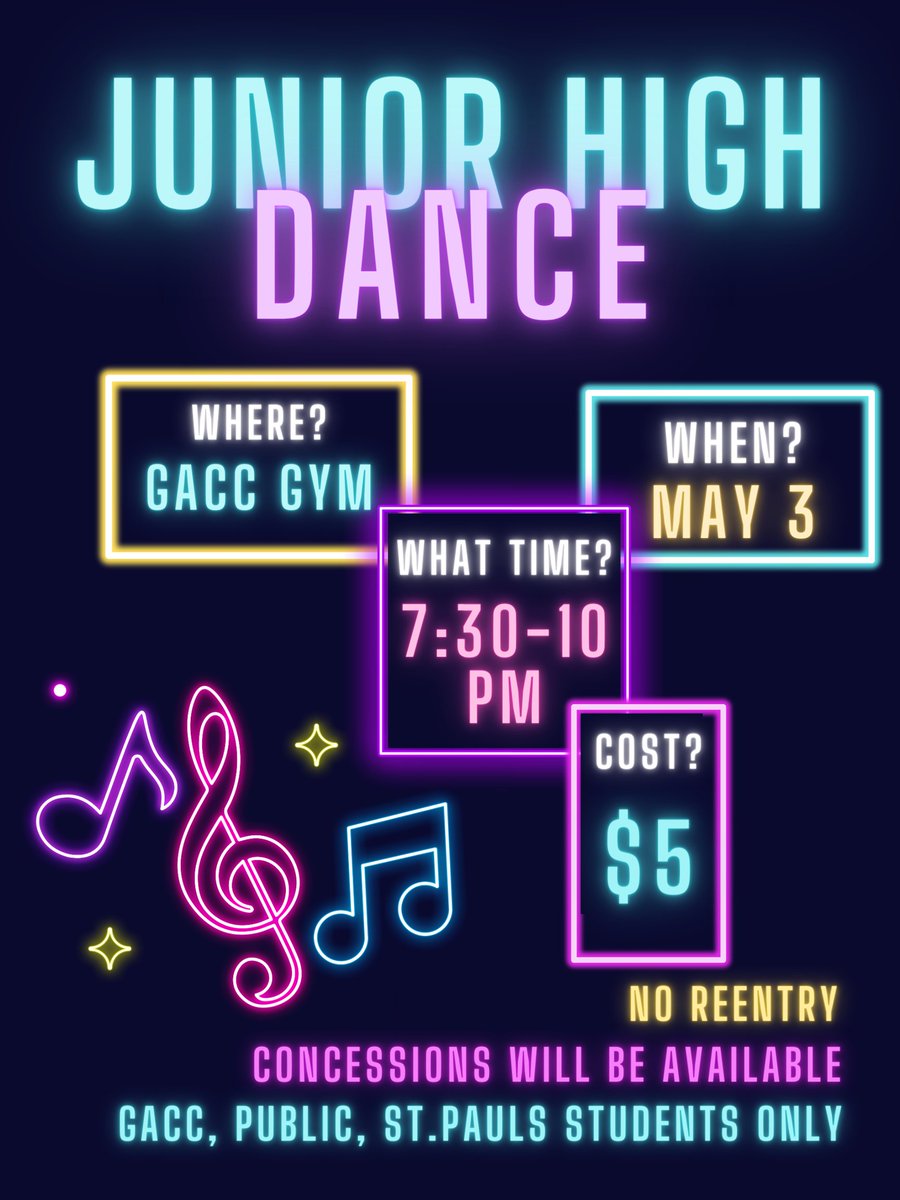 Friday, May 3rd there will be a 5th & 6th Grade dance followed by a JH dance in the GACC Gym for a Sophomore class fundraiser! 🪩 🎉