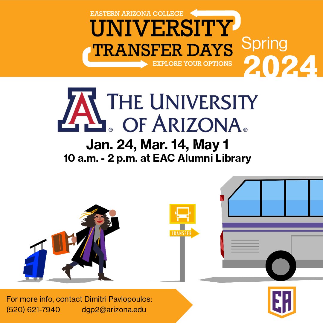 Ready for a new journey? Explore your future on University Transfer Day! Join us at EAC Alumni Library from 10am-2pm to see what University of Arizona offers. Don't miss out!  #UniversityTransferDay #ExploreYourFuture #TransferStudents