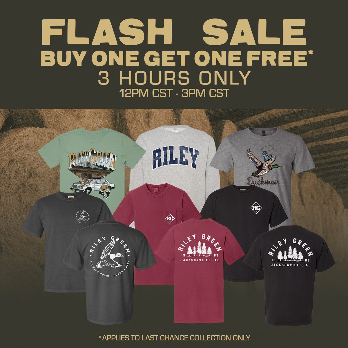 Buy one get one free flash sale today for 3 hours only: 12pm CT - 3pm CT. Don’t miss out and grab your favorites here: rileygreen.merchmadeeasy.com/collections/la…