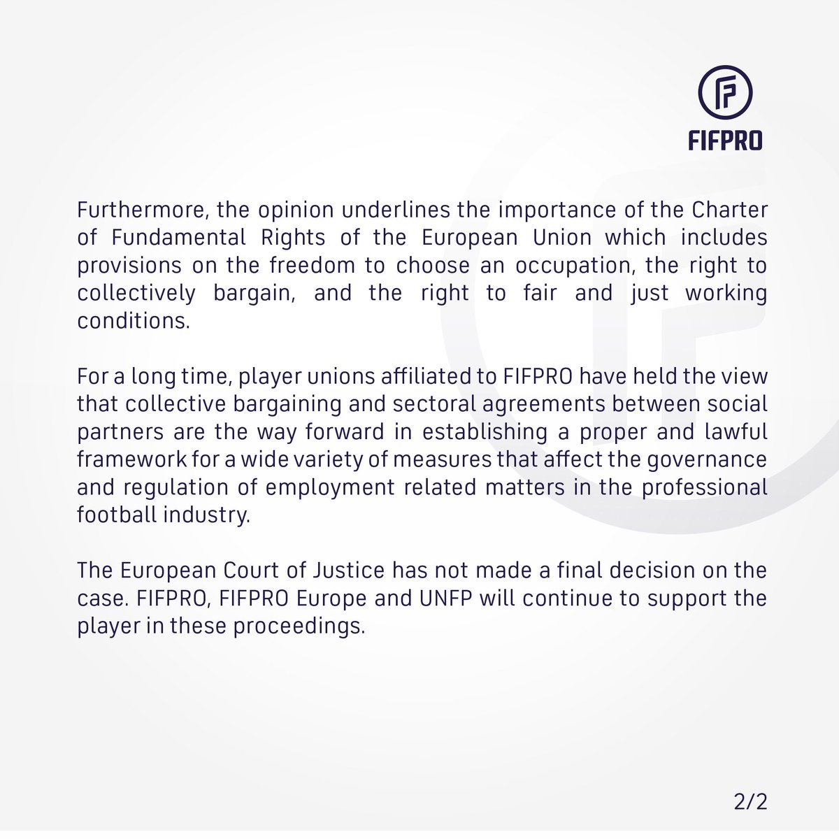 #FIFPRO, FIFPRO Europe and the French player union @UNFP welcome Advocate General Maciej Szpunar’s opinion in the complaint filed by a French player against a part of FIFA’s transfer regulations.