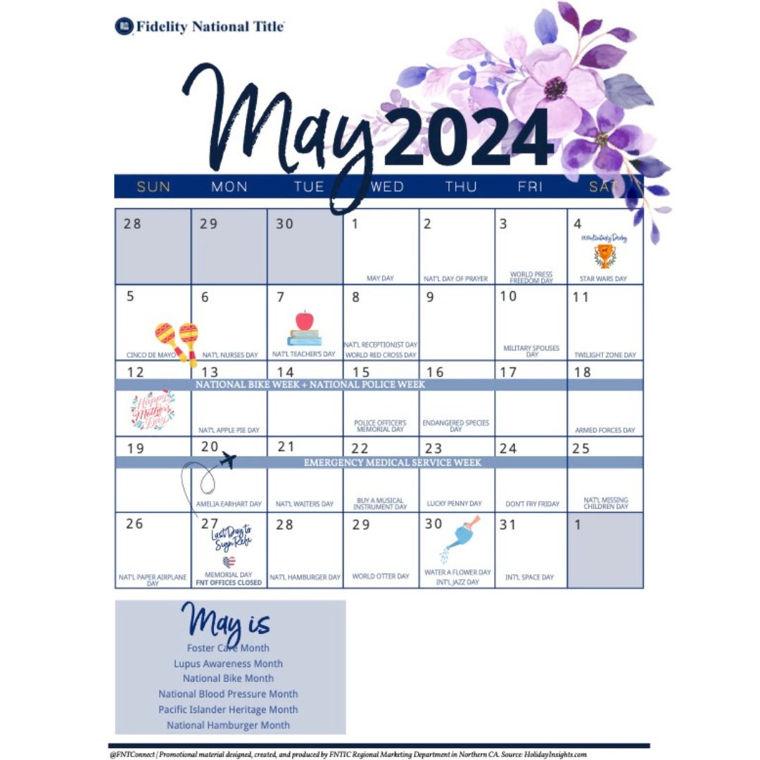 It's gonna be May! Here are some fun and important dates for the month of May!

#fntfresnomerced #fntfresno #fntmerced #titleinsurance #fidelity #escrow #escrowservices #realtor #realestate