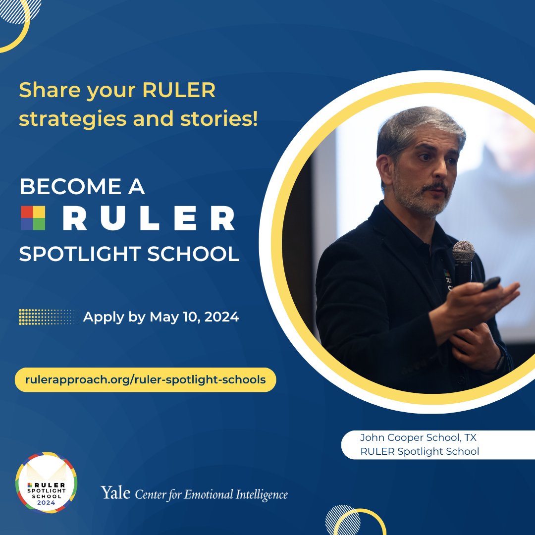 The RULER Spotlight School program is interested in working with RULER school teams looking to share best practices and success stories with the larger RULER community. Sound like you? We want you to apply! Act soon – the deadline is 5/10. Learn more: rulerapproach.org/ruler-spotligh…