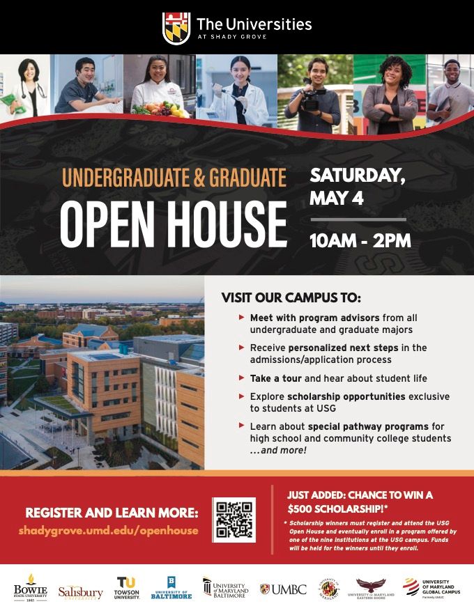 Don't miss the #USGOpenHouse on May 4 to learn about a variety of undergraduate and graduate programs from 9 top Maryland universities offered right here in Montgomery County. Registrants can also enter to win a $500 scholarship for their degree at USG! shadygrove.umd.edu/openhouse