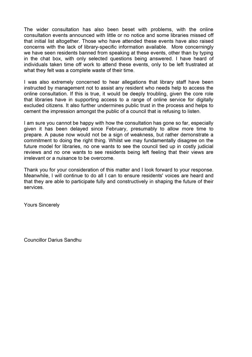 Cllr Sandhu, ShadCab Member responsible for libraries recently wrote to the cabinet member, Cllr Suleman, about the consultation on libraries. To maintain what trust remains between the public & the Council, the consultation must be reset and run in good faith! Read below 👇