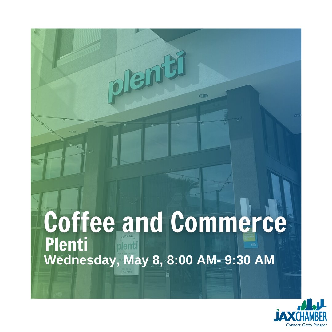 Network with the Jacksonville community at this month’s Coffee & Commerce, a morning coffee social sponsored by Plenti. Kickstart your day by making new connections! Enjoy coffee and a light breakfast with us.