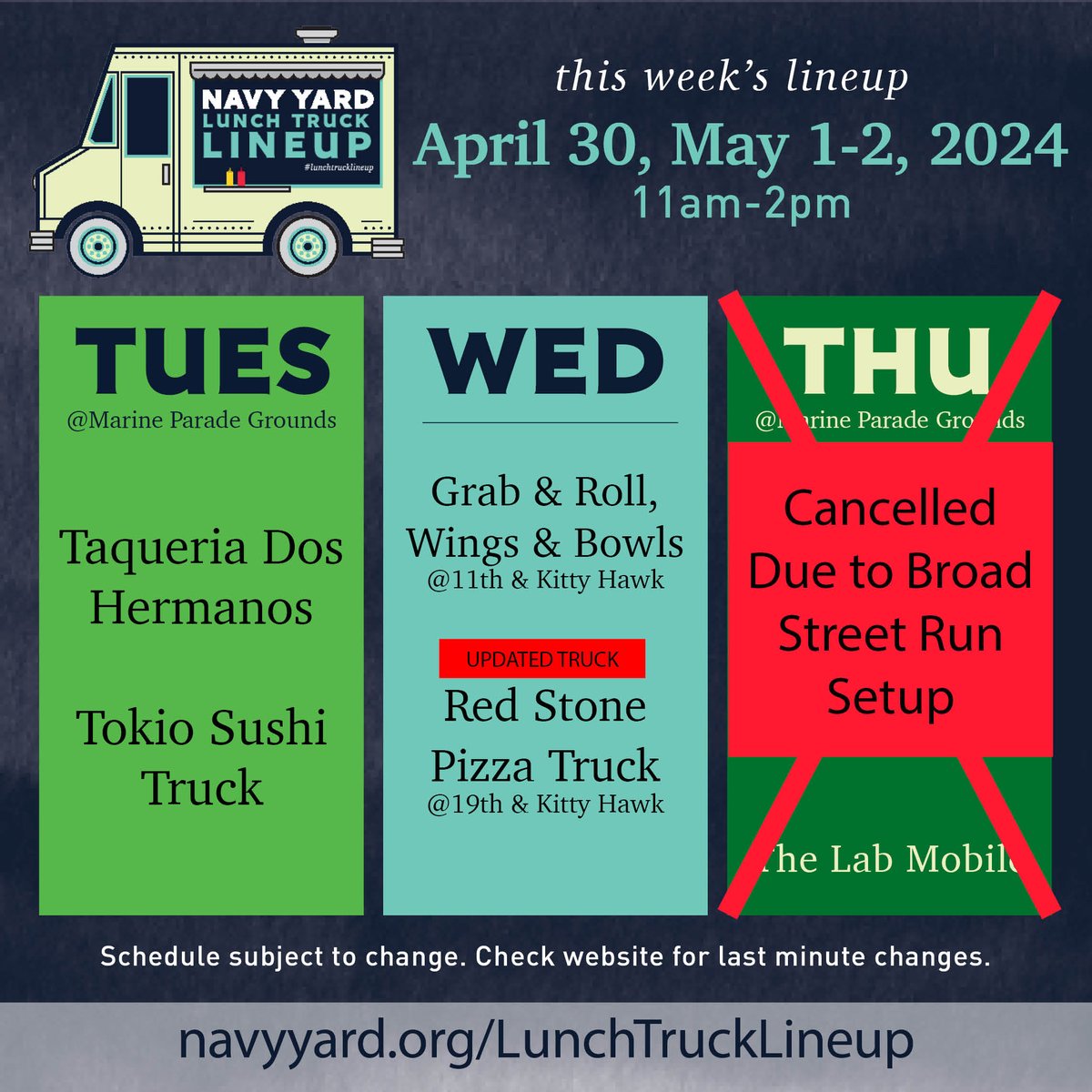 Updates for tomorrow and Thursday! Sorry for the changes. #lunchtrucklineup #discovertheyard #navyyardphilly