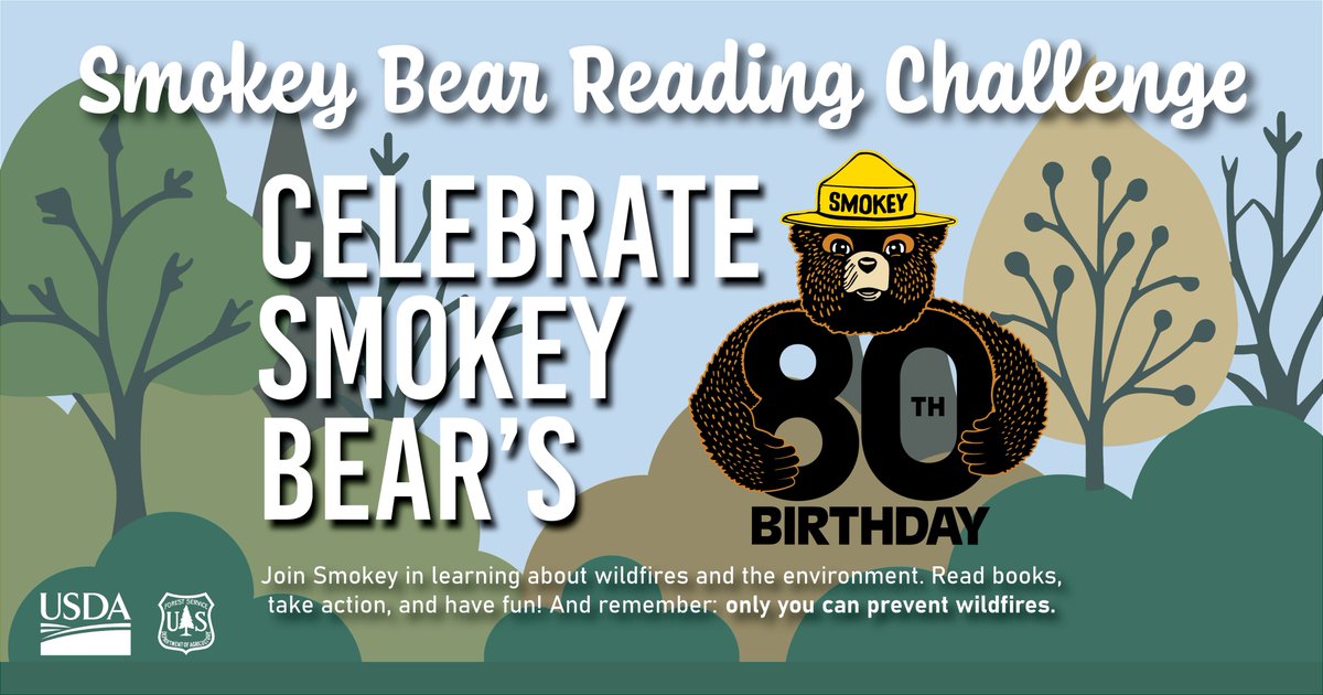goRCLS's tweet image. Celebrate Smokey Bear’s 80th Birthday. Join Smokey in learning about wildfires and the environment. Read books, take action, and have fun! Kids earn badges and prizes as they read and take action. Ask your local library and get started today! #SmokeyBear #The80 #SBRC