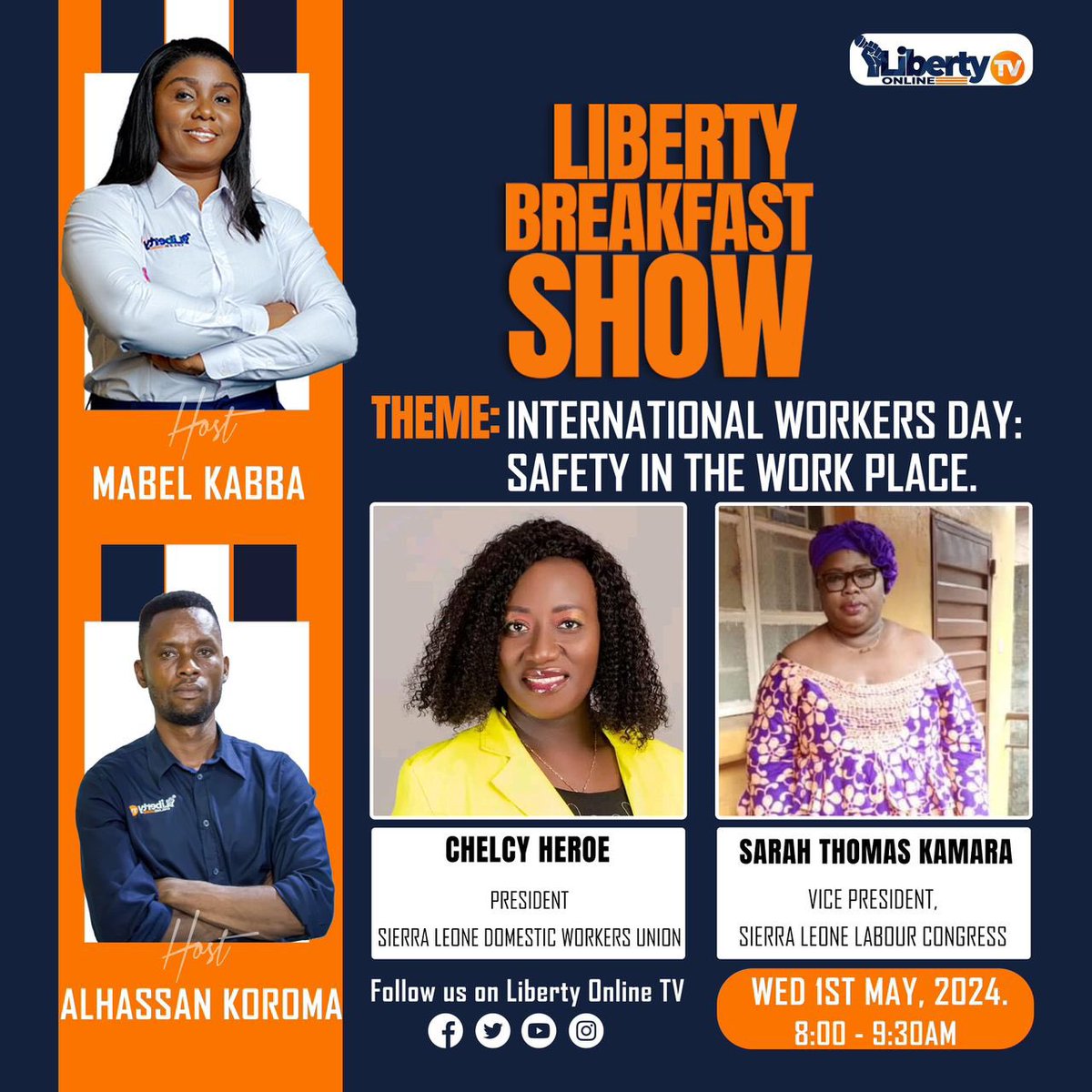 In light of International Labour Day being observed tomorrow, May 1st, we will be discussing workplace safety in our special edition of the Liberty Breakfast Show. Please Tune in tomorrow from 8:00 a.m and 9:30 a.m. and ensure to add your voice. #SaloneX