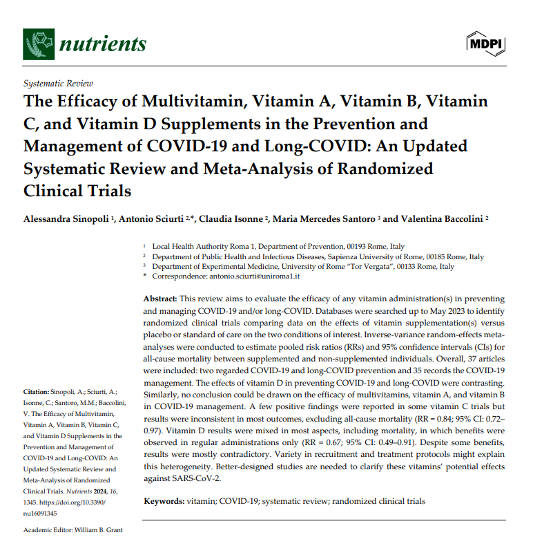 HarrySpoelstra's tweet photo. The Efficacy of Multivitamin, Vitamin A, Vitamin B, Vitamin C, and Vitamin D Supplements in the Prevention and Management of COVID-19 and Long-COVID: An Updated Systematic Review and Meta-Analysis of Randomized Clinical Trials

🔥Excellent review article, debunking some vitamin beliefs with solid critical remarks covering the science they’re supposedly based on.

Conclusion:
Overall no clear vitamin benefits demonstrated, larger RCTs with standardized recruitment and treatment protocols should be designed to further explore the clinical benefits of for instance vitamin D supplementation in COVID-19 patients and better clarify the mechanisms by which they acts.

Probably this review will stir things up, but before making any critical remarks, please read this study, with the “discussion” section.......and don’t shoot the messenger! 😉
https://t.co/UCUeONivMg