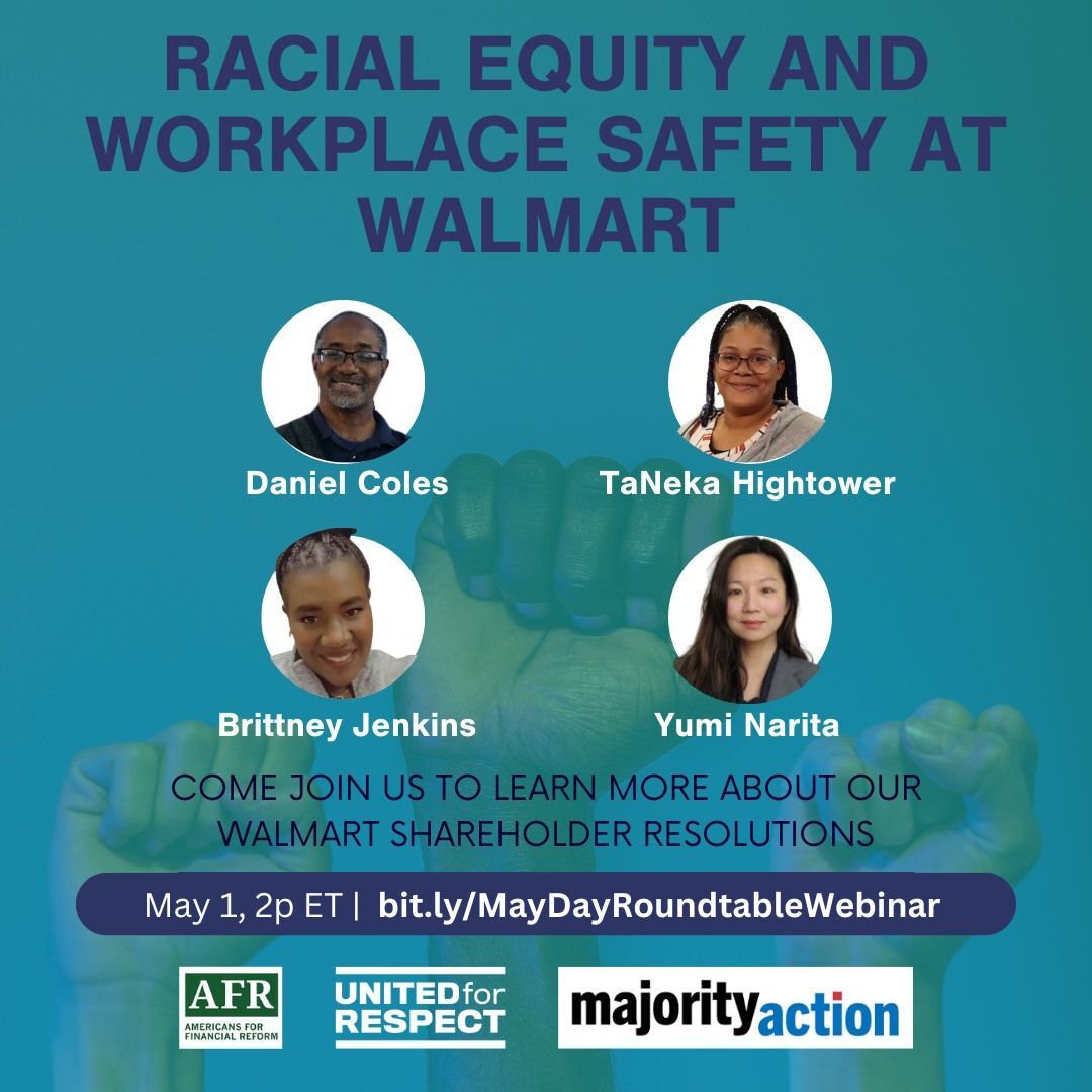 Join us tomorrow (5/1) at 2PM ET for our upcoming webinar — May Day Workers, Advocates and Investors Roundtable: Racial Equity and Workplace Safety at Walmart. Hear how Walmart's leaders can foster a safer and more equitable business model. Register here: us02web.zoom.us/webinar/regist…