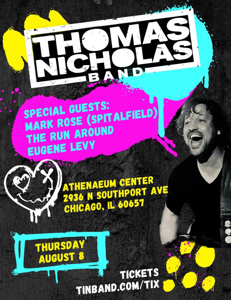 🚨Chicago: Aug 8🚨 My first solo show in a hot minute & with my guy, @TINBand! + The Run Around & @EugeneLevyBand? Yes please & TYSFM. ❤️ On-Sale Friday: tinband.com/tix | @athenaeumcenter
