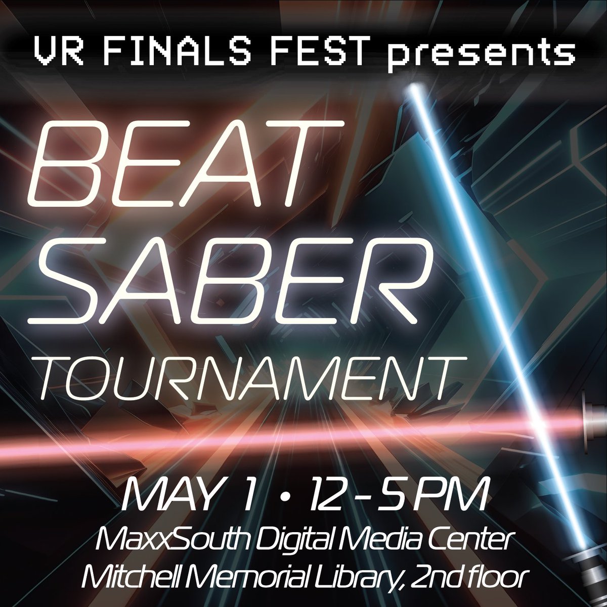 We know Wednesday is set aside as a reading day, but if you need to get a little stress or energy out, join us for our Beat Saber tourney from 12-5 in the MaxxSouth Digital Media Center's VR and Gaming Studio. Register onsite and battle for the top three prizes! #DeStressFest