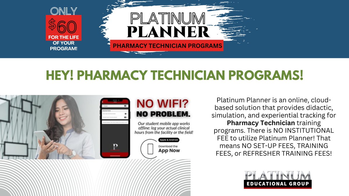 Hi Program Directors & Clinical Coordinators! Platinum Planner is an online, cloud-based, lab & clinical tracking program for Pharmacy Tech training programs. There is NO INSTITUTIONAL FEE to utilize Platinum Planner! #PlatinumEducationalGroup #PlatinumPlanner #PharmacyTechnician