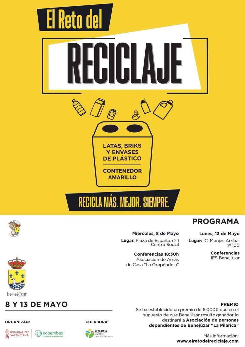 📍 Participa en las charlas sobre reciclaje ♻️ que se llevarán a cabo el miércoles 8 y el lunes 13 de mayo en #Benejúzar sobre la importancia de reciclar. 
➡️ ¡Ayúdanos a reciclar!
Toda la información del reto en 🔗 elretodelreciclaje.com/consorcio-vega… #Reciclaje #BienestarSocial