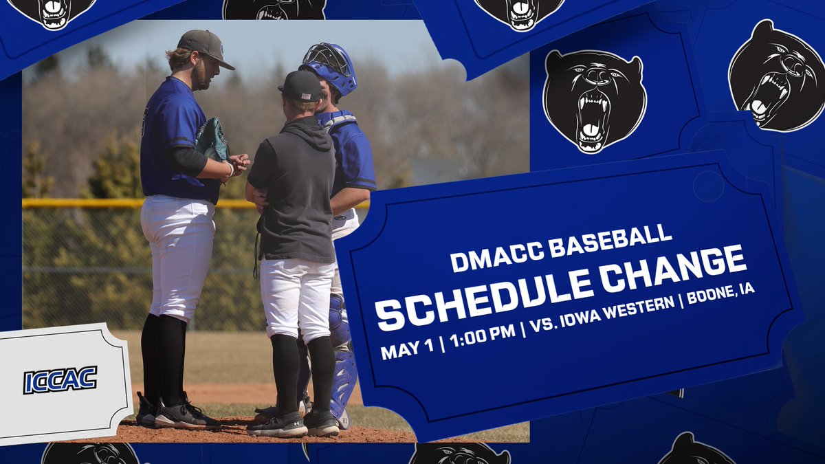 Let's try this again. Due to the weather, the  DMACC Baseball game vs. Iowa Western has been postponed. They will now move the game back to Boone on May 1 at 1:00 pm. #bearnation