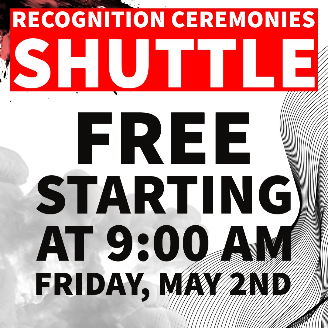 Complimentary event shuttle service begins at 9:00 AM.  The North Route serves Adams Street Lot, Kentucky Street Lot, and Alumni Square Garage.  The South Route serves Creason Lot and Parking Structure 3.   Shuttles run approximately every 15 minutes and are ADA accessible.
