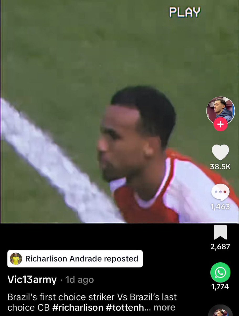 🚨🤣 Richarlison has reposted a video on TikTok about Arsenal CB Gabriel with the caption: “Brazil’s first choice Striker vs Brazil’s last choice defender!” (📸: @TheSpursWatch)