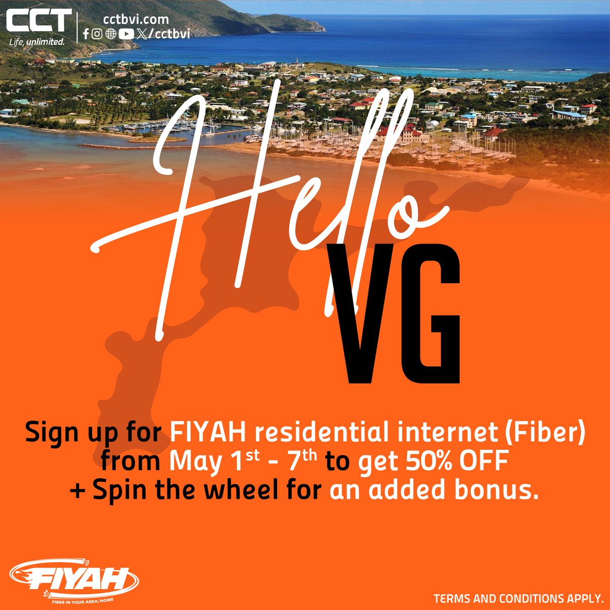 📷FIYAH is now available in Virgin Gorda.️
Head to our Virgin Gorda location from May 1st to 7th and sign up for FIYAH Residential Fiber Internet to get 50% off your first month + spin the wheel for a chance to win an added bonus! #cctlifeunlimited #lifeunlimited #FIYAH #CCTLive