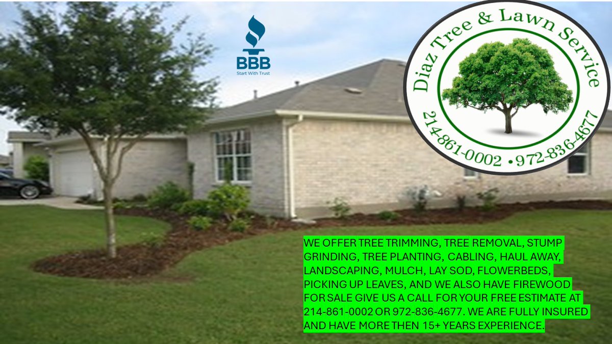 We are Diaz Tree and Lawn Service!
📷Offering the DFW with tree trimming, tree removal, stump grinding, tree planting, flowerbed clean-up, lawncare & related services!
📷Residential and Commercial properties
We are insured with over 15 years of experience.