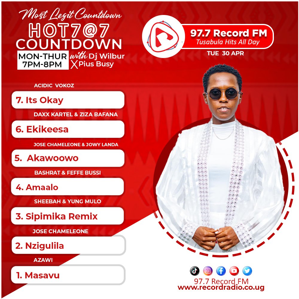 #hot7at7countdown  DJ Wilbur X @piusbusytallmn 

7. Its Okay @AcidicVokoz 
6. Ekikeesa @DaxxKartel61264 @ZizaBafanaUg 
5. Akawoowo @JChameleone @JowyLanda17 .
4. Amaalo Bashrat Feffe Bussi
3. Sipimika Remix @Ksheebah1 @YungMulo
2. Nzigulila Chameleone 
1. Masavu @AzawiOfficial