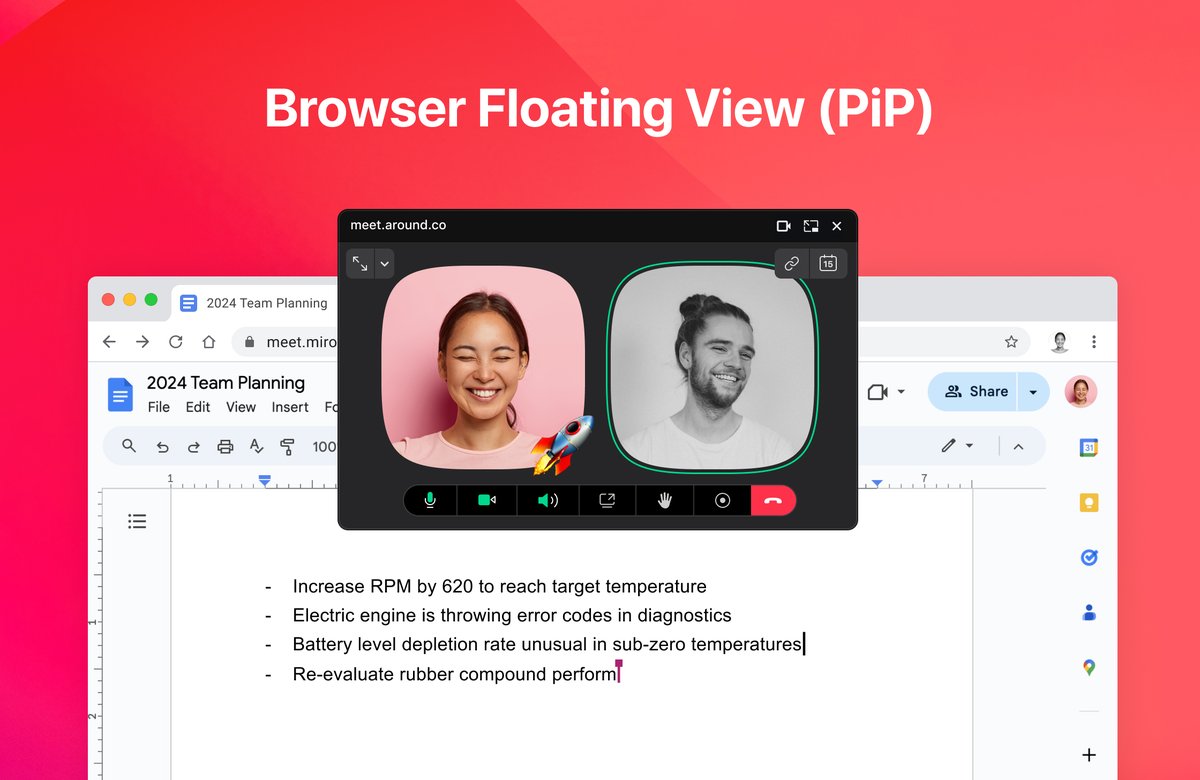 🆕 Our latest update is here 🆕

📺 Screen share preview appears on your avatar
💬 Mention other people in chat
🟡 New Browser Floating View
🎉 Support for 100 person meetings

➕ And more: new.around.co