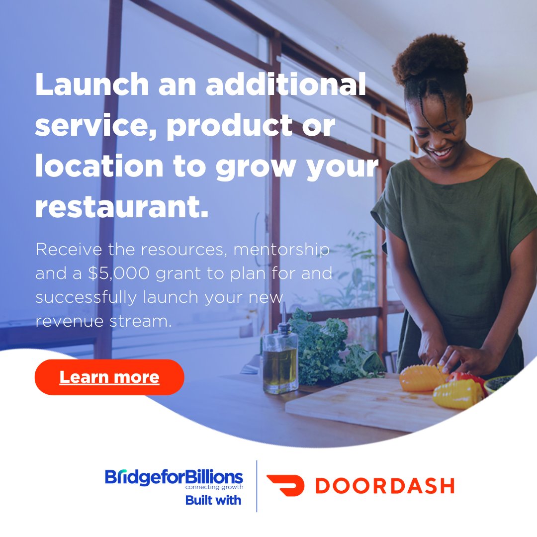 #Entrepreneurs: apply for @DoorDashImpact’s Accelerator for Local Restaurants: Live and Local Series with @Bridge4Billions to receive a grant 💰, tailored programming on launching new revenue streams 📈 & 1:1 mentorship 👥. May 1st deadline. Apply now: ow.ly/cnfl50Rcw8e