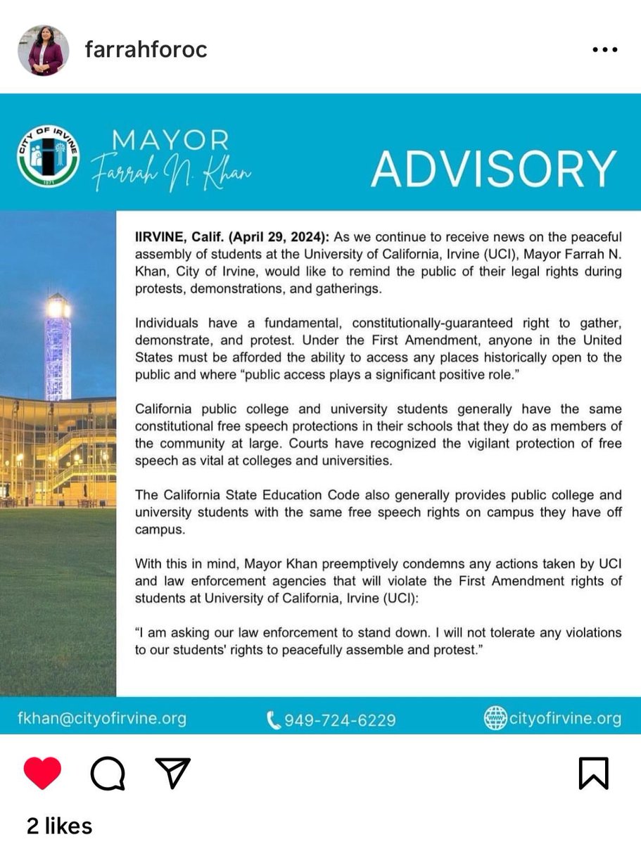 Mayor of Irvine, CA is distant from
police. California public colleges and universities have the rights to protest peacefully. 
#RightToProtest
 Thank you Mayor Farrah Khan for standing by the constitutional rights. 
@cityofirvine