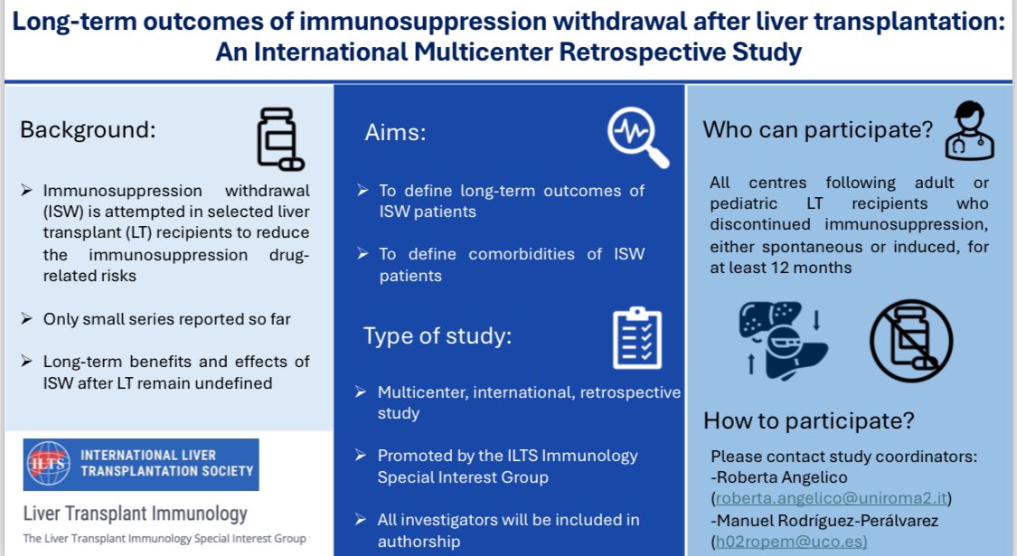 Want to share your experience in immunosuppression withdrawal after liver transplantation? The ILTS Immunology SIG is running an international retrospective study to involve the largest cohort of IMS-free patients collected so far. Join us in this exciting project!!!