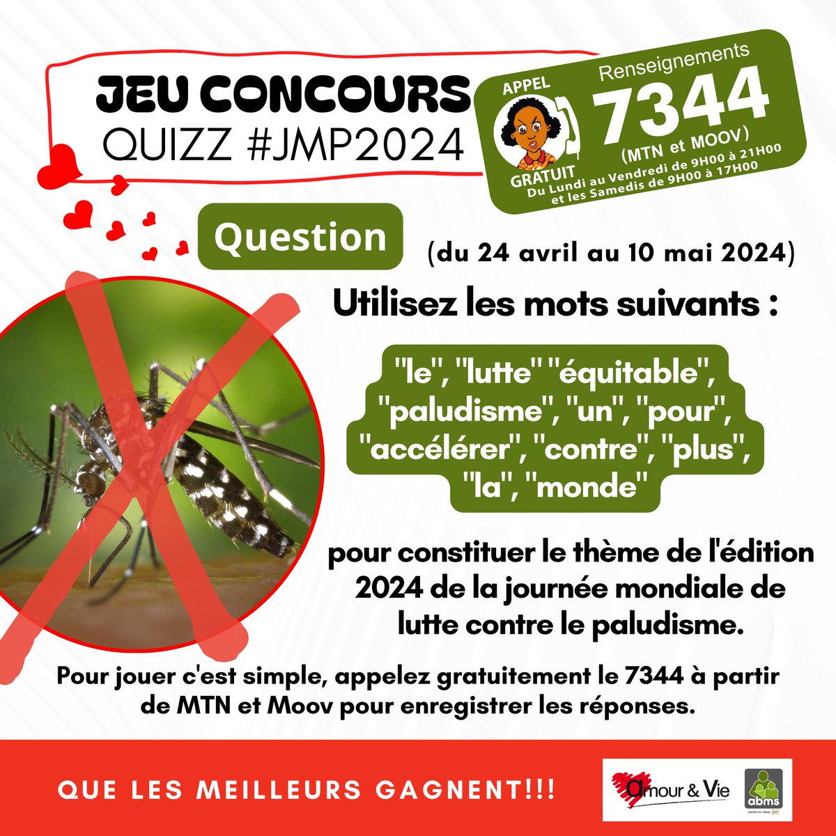 Tu as déjà tenté ta chance pour essayer de gagner l'un des lots en compétition pour le Jeu concours Quizz JMP2024❓❓❓

Si non, appelle vite le 7344 (appel gratuit MTN et Moov) pour enregistrer ta réponse.

#ABMS #ProjetPlus #LigneVerte #Bénin #SDSR #Paludisme #Malaria #JMP2024