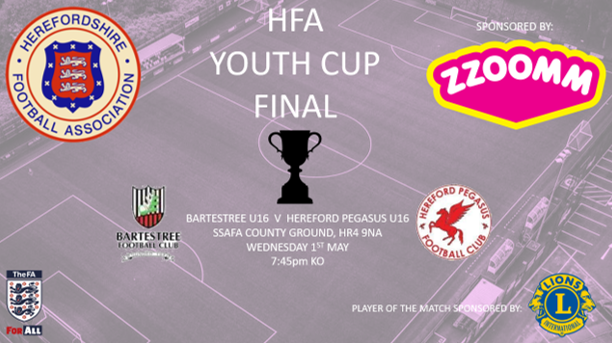 HFA Youth Cup Final sponsored by @Zzoommfullfibre @Bartestree_fc U16 v @HerefordPegasus U16 Wednesday 1st May 7:45pm KO @SSAFA_Hereford County Ground Over 60 - £4 Adults - £5 U16 - £2 Includes a donation to @SSAFA_Hereford