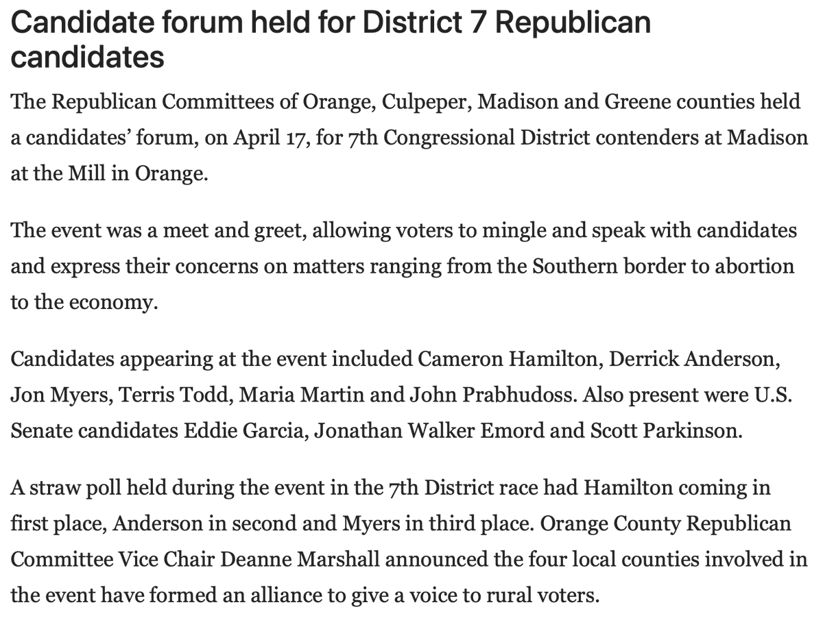 From the @CulpeperSE this morning: It was a pleasure to participate in the first candidate forum of the cycle earlier this month, and I was honored to receive the overwhelming support of Republicans in #VA07's western counties, as reflected in the the post-forum straw poll!