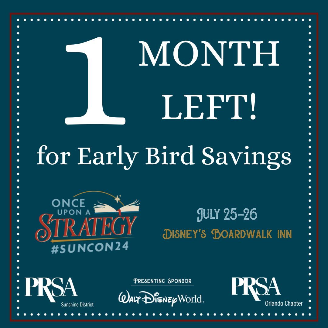 Have you already purchased your ticket to PRSA #SunCon24 in Orlando? 

Purchase your tickets now through May 30 to take advantage of the special Early Bird Rate for the best savings on conference registration 👉 buff.ly/43aDAAo