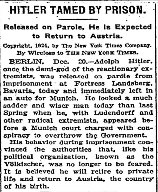 New York Times, Novembro de 1922: 'Antissemitismo de Hitler não é tão violento como soa'. Em dezembro de 1924: 'Prisão tornou Hitler mais sábio.' Nova manchete da Time afirmando que ele vai 'remodelar' o país é espantosamente desonesta. E perigosa.