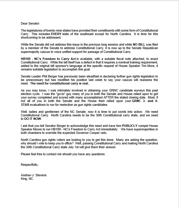 For those so inclined, it's time to let your North Carolina Legislative officials know you direct them to pass a constitutional carry bill in the current short session. I've seen to it each Republican House member and each Republican Senate member have the following in their…