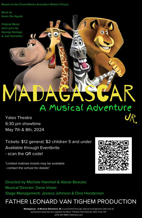 We're just ONE WEEK AWAY from taking a fun-filled trip to Madagascar! 'Madagascar Jr.: A Musical Adventure' is being put on by @flvthawks and will be running from May 7-8, 2024, at the Yates Theatre. Get your tickets now! eventbrite.com/e/flvt-perform…