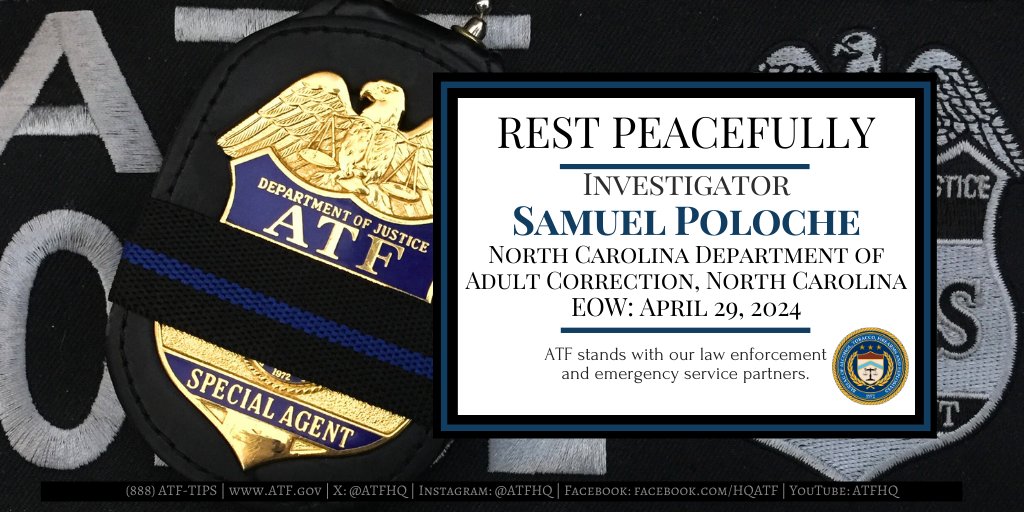 Our deepest sympathies are with @NCCorrection and the family and friends of Investigator Samuel Poloche, who was shot and killed while assisting @USMarshalsHQ in serving a warrant. He is survived by his wife and two children. #LODD #EOW @ATFCharlotte