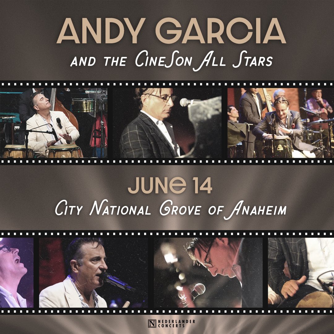 Get ready for a night of Latin rhythm and jazz with Andy Garcia and the CineSon All Stars 🕺 You'll be dancing all night at @groveofanaheim on Fri, June 14th! Tickets go on sale Friday at 10am: ticketmaster.com/event/0900609A…