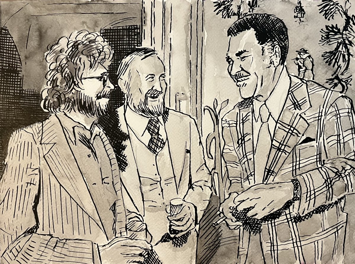 Michael Cuscuna (left, with Bruce Lundvall, president of CBS Records in the 1970s, and Dexter Gordon), Who Unearthed Hidden Jazz Gems and Founded Mosaic Label  #obitpix #michaelcuscuna #archivalrecord #producer #moasicrecords #penandink #drawing #illustration #portraitdrawing