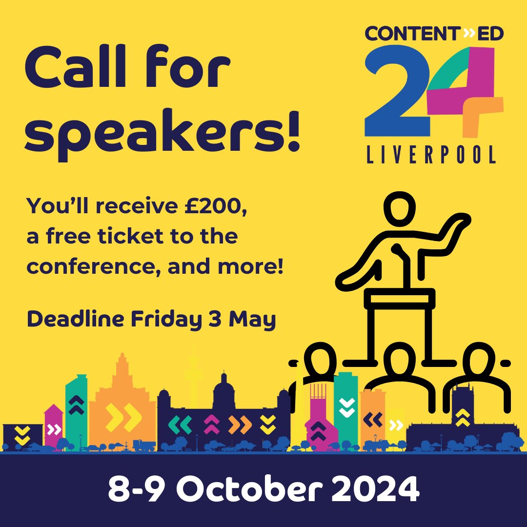 Would you like to speak at ContentEd 2024?

Submit your proposal before 23:59 on Friday 3 May.

Our speakers receive £200, a free ticket to the conference, and more!

Submit today: bit.ly/3xYGkpK

#HigherEducation