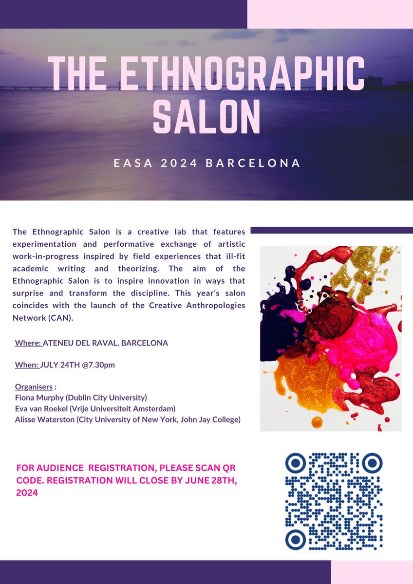 To anyone coming to this year's @EASAinfo in Barcelona, please do think about coming to see this year's Ethnographic Salon-with an exciting and fun line up ! The theatre has a max capacity of 80, so do register on time to avoid disappointment #anthrotwitter #creativeanthropology