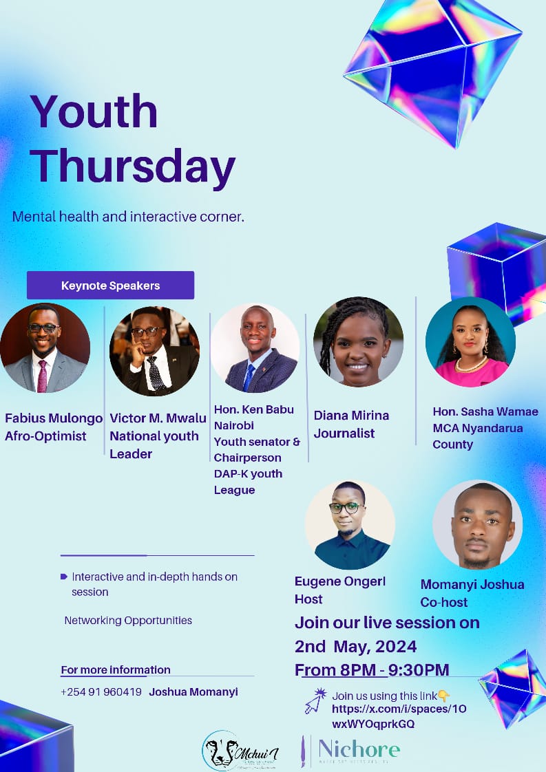 Let's all gather for an interactive and educative Youth Thursday session this coming Thursday. It will be a great opportunity to engage with these vibrant and visionary leaders on matters Mental health and other related queries. Mark the date! 🤝