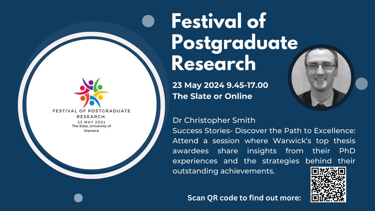Whether you're joining us on campus at The Slate or online, don’t miss out! Dr. Christopher Smith will speak in this inspiring session on navigating paths to academic excellence.
To register: warwick.ac.uk/services/dc/ph…

#PGResearchFestival2024