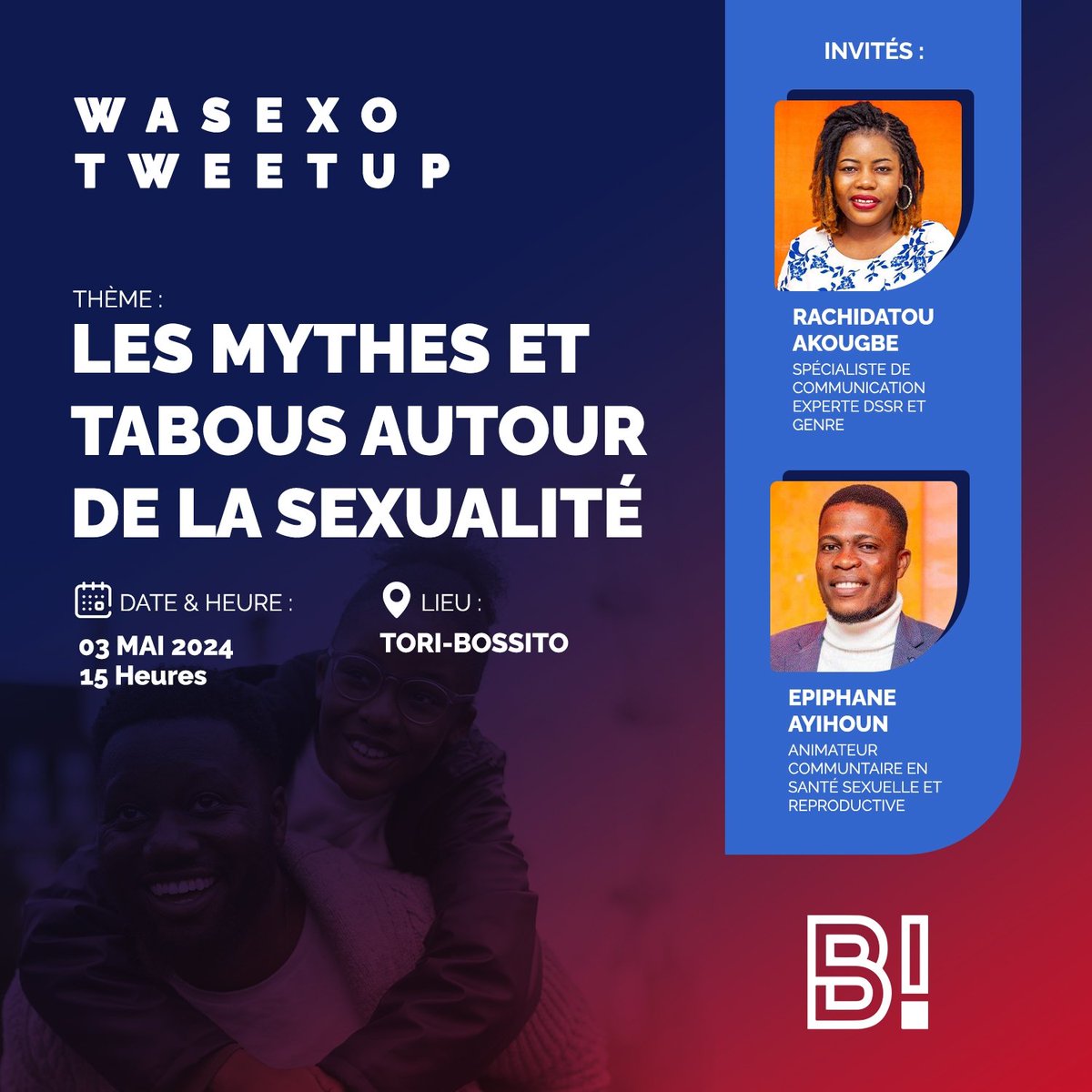 📢🔥 Participez à notre prochain Wasexo #TweetUp sur les tabous sexuels ! 

Rejoignez la discussion animée par Rachidatou AKOUGBE  et Epiphane AYIHOUN sur les sujets parfois délicats mais importants liés à la sexualité. 

C'est ce 3️⃣ Mai 2024 à 15h à la maison des jeunes de…