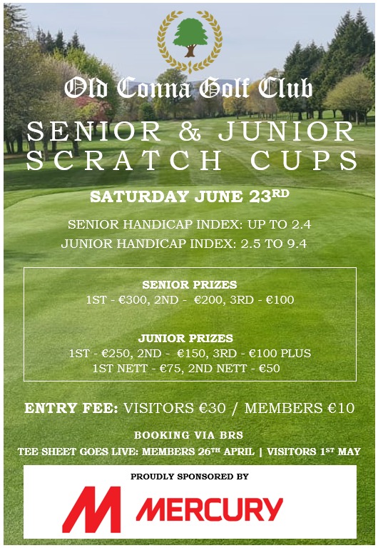 Sat 23rd June Old Conna Golf Club Senior (2.4 max) & Junior (2.5 - 9.4) Scratch Cups €30 - Timesheet Now Open visitors.brsgolf.com/oldconna#/open… #ScratchCup #ScratchCups #SeniorScratchCup #JuniorScratchCup @OldConna