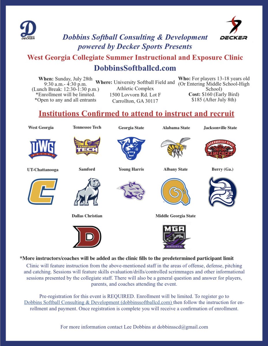 Excited to bring this great instructional and exposure event to the campus of Division I’s newest member @UWGSoftball in July! #DobbinsSoftball #DeckerSports
