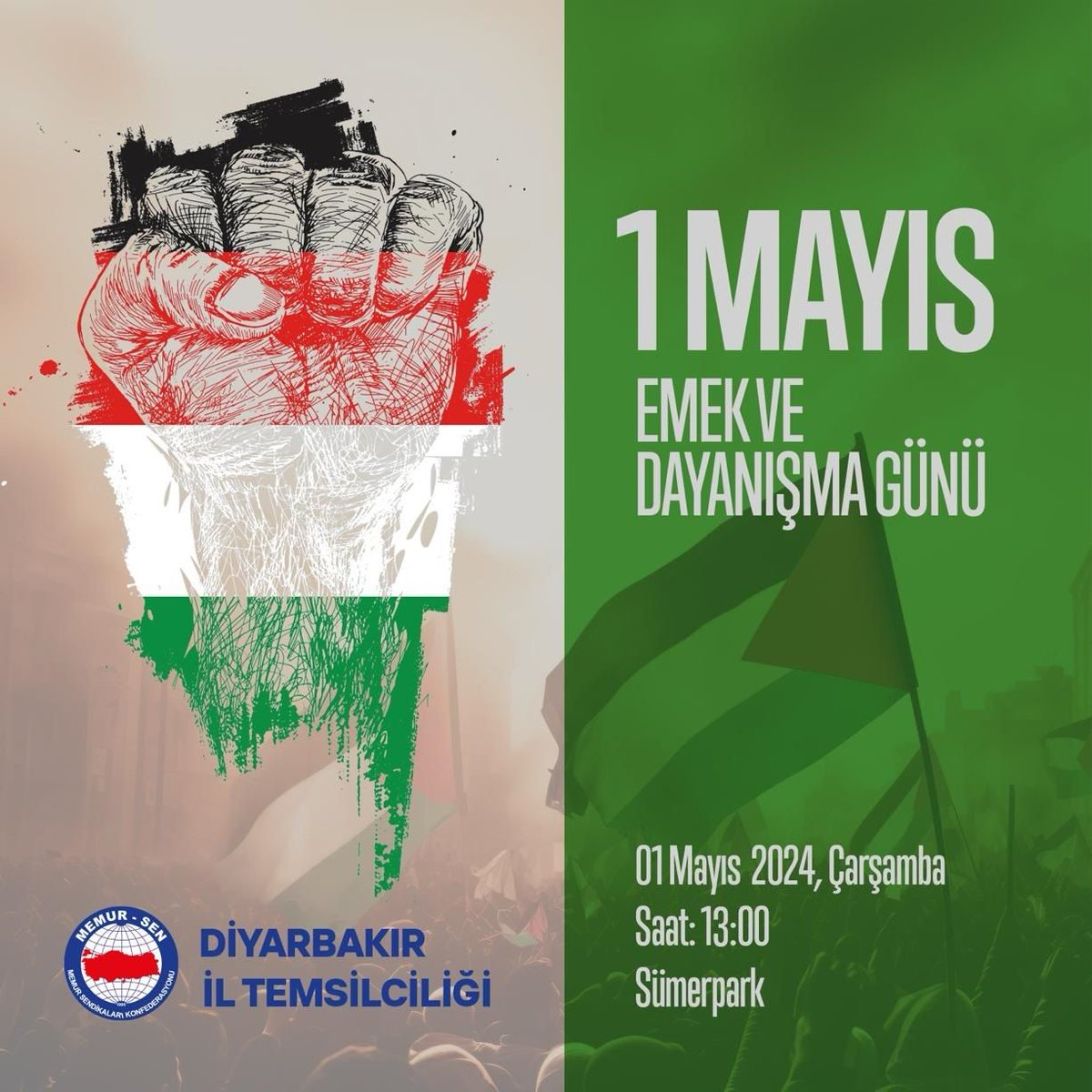 **1 MAYIS EMEK VE DAYANIŞMA GÜNÜ** Küresel sömürüye,savaşa,Gazze ve Doğu Türkistan’daki soykırıma karşı haykırmak için; Adil paylaşım,insan onuruna yaraşır ücret,emeğin,emekçinin sesini yükseltmek için yarın saat 13:00 'da Sümerpark'ta olacağız. Yaşasın emeğin örgütlü gücü!