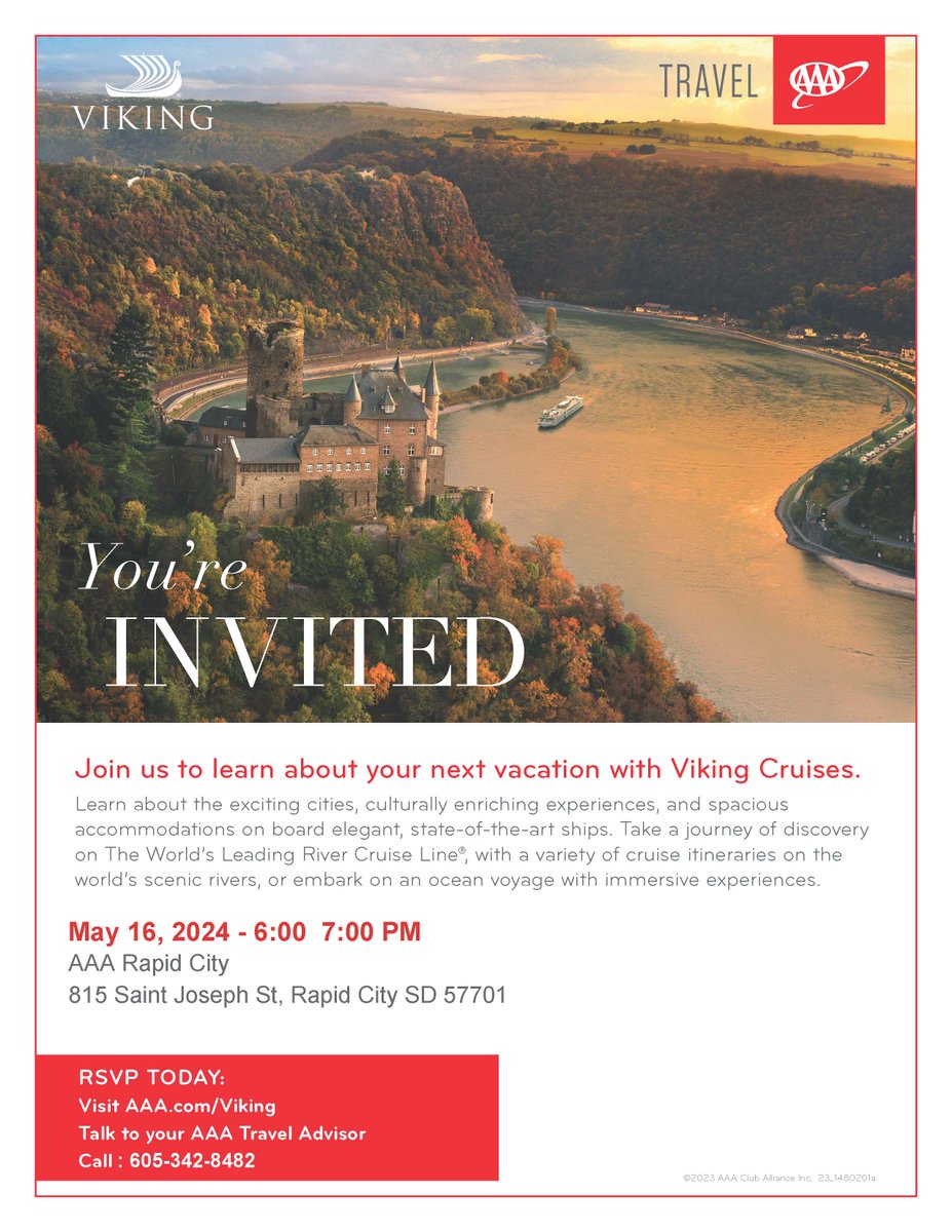 Adventurers! Ever dreamt of an elegant, informative, relaxing river cruise? Join @AAA_Travel and @VikingCruises at our AAA store in Rapid City for a free seminar to learn all about the possibilities and experiences that await. RSVP at cluballiance.aaa.com/events/24093-m… @AAAClubAlliance