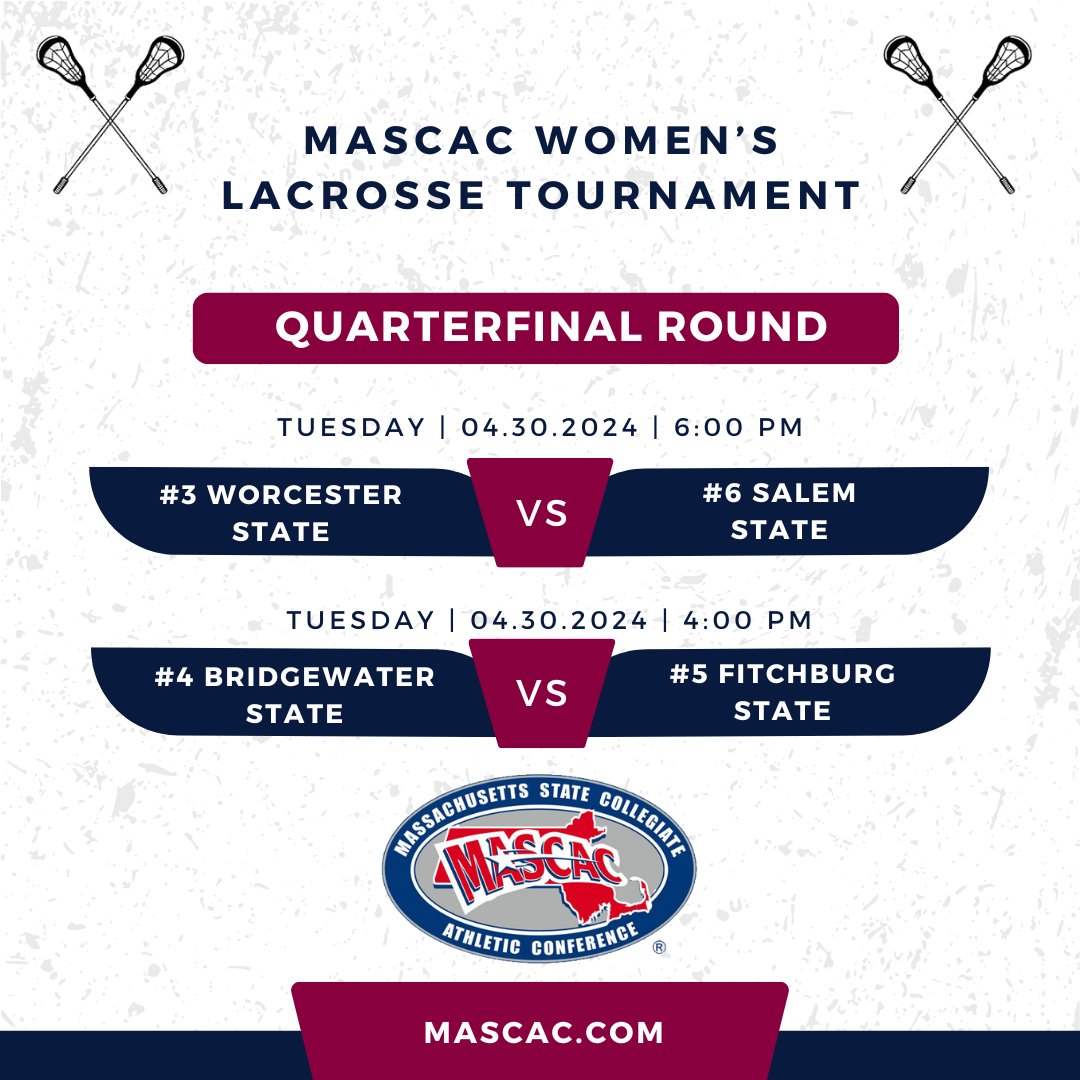 2024 #MASCAC Women's Lacrosse Quarterfinals #3 @Wsulancers vs. #6 @Ssuvikings - 6 pm #4 @bsubears vs. #5 @fsu_falcons - 4 pm 📊📺 mascac.com #d3wlax #MASCACpride