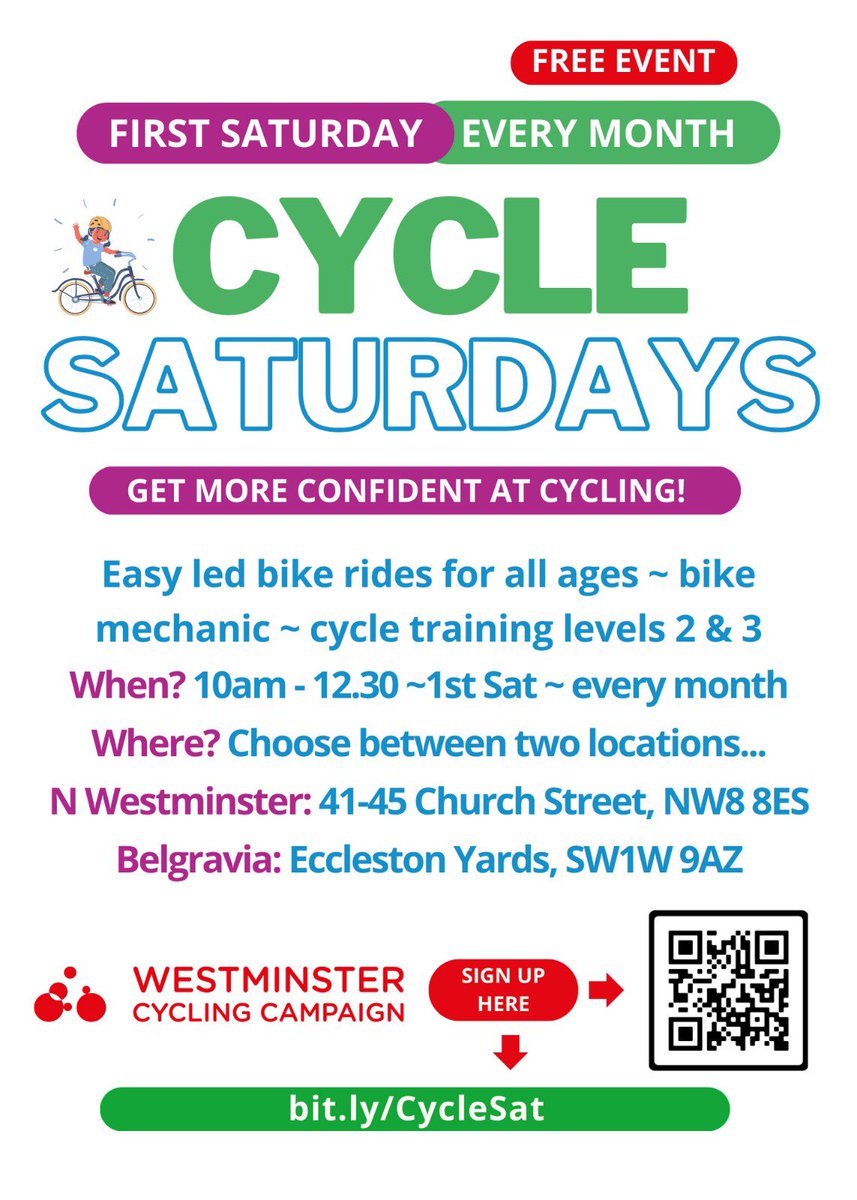 The next Cycle Saturdays will be THIS SATURDAY, 4 May, on Church Street and in Belgravia. Not to be missed for a fun way to get you & your family riding confidently in Westminster! Or take it to the next level and get training to be a ride marshal with a free Cycle Skills Session